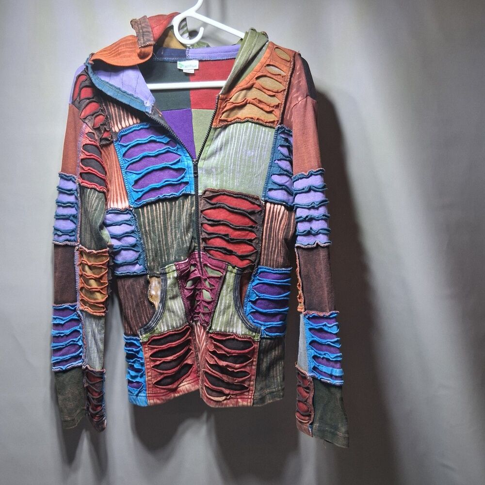 India Boutique Nepal Cotton Patchwork Razor Cut Boho Hippie Festival Hoodie L